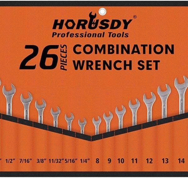 HORUSDY 26-Piece Durable Combination Wrench Set with Roll-up Pouch, Open End Wrench Set for General Household, Garage, Auto Repairs, SAE 1/4 - 1 and Metric 8mm - 24mm