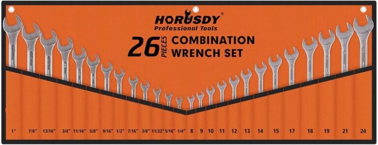 HORUSDY 26-Piece Durable Combination Wrench Set with Roll-up Pouch, Open End Wrench Set for General Household, Garage, Auto Repairs, SAE 1/4 - 1 and Metric 8mm - 24mm