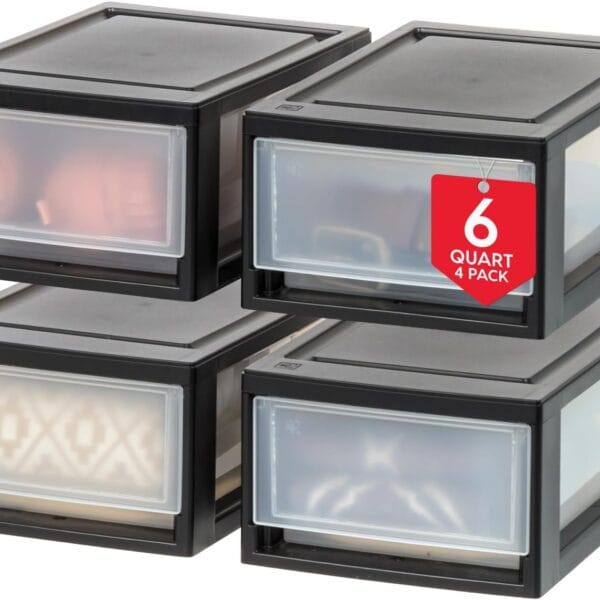 IRIS USA 6 Qt. Plastic Drawer Storage Organizer Stacking Drawers, 4-Pack, Stackable Unit with Sliding Drawer for Clothes Bedroom Kitchen Under Sink Pantry Craft Room Bathroom Dorm Office, Black