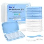 Braces Wax- 10 Pack 50 Precut Dental Wax Strips 350+ Dots, Separate Cases. Includes Storage Box & 2 Applicator Tools, Food-Grade Premium Orthowax- Stick Better (Unscented/Mint+ Aloe Vera+ Vitamin E)