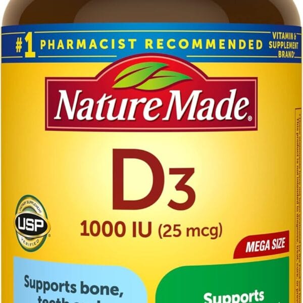 Nature Made Vitamin D3 1000 IU (25 mcg), Dietary Supplement for Bone, Teeth, Muscle and Immune Health Support, 300 Softgels, 300 Day Supply