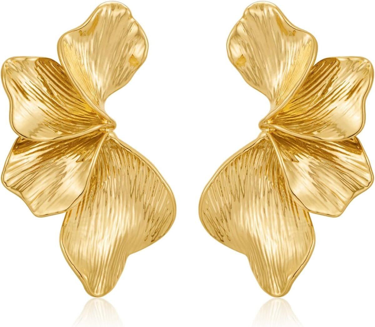 Chunky Gold Statement Earrings For Women Gold Plated Sectored Flower Leaf Shell Angel Wing Earrings Large Stud Earrings Hypoallergenic Earrings