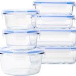 Amazon Basics Leak-Proof Glass Locking Lids Food Storage Containers, 14-Piece Set, 7 Count of Bases and 7 Plastic Lids, Clear, Blue, BPA Free