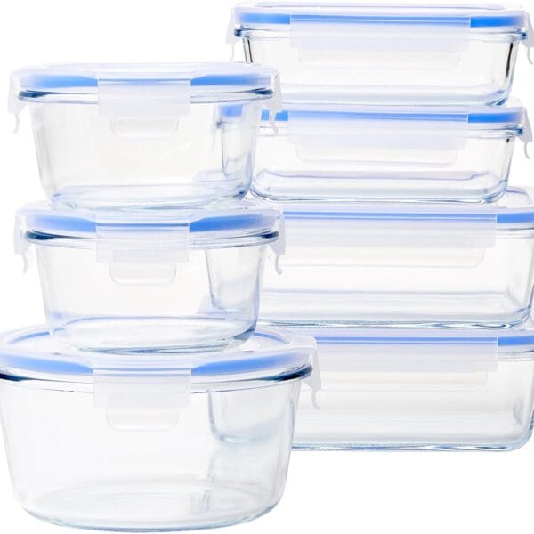 Amazon Basics Leak-Proof Glass Locking Lids Food Storage Containers, 14-Piece Set, 7 Count of Bases and 7 Plastic Lids, Clear, Blue, BPA Free
