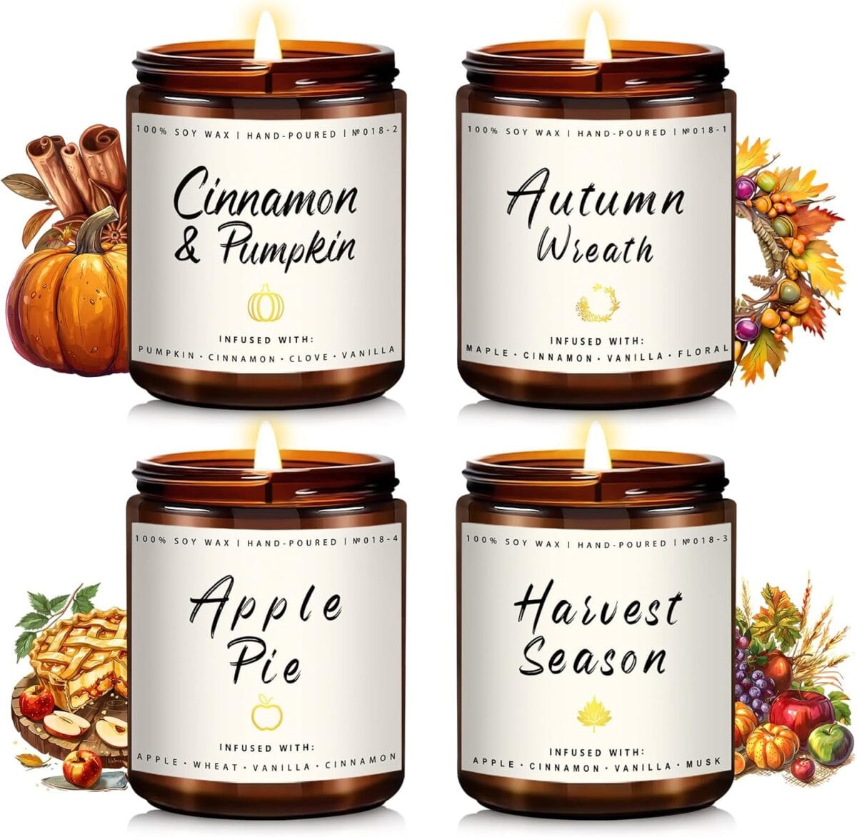 Fall Candle Set | 4 Pack Scented Candles for Home - Candle Gifts for Women Men, Soy Candles Home Scented | Autumn Fragrance of - Apple Pie/Cinnamon/Harvest/Wreath