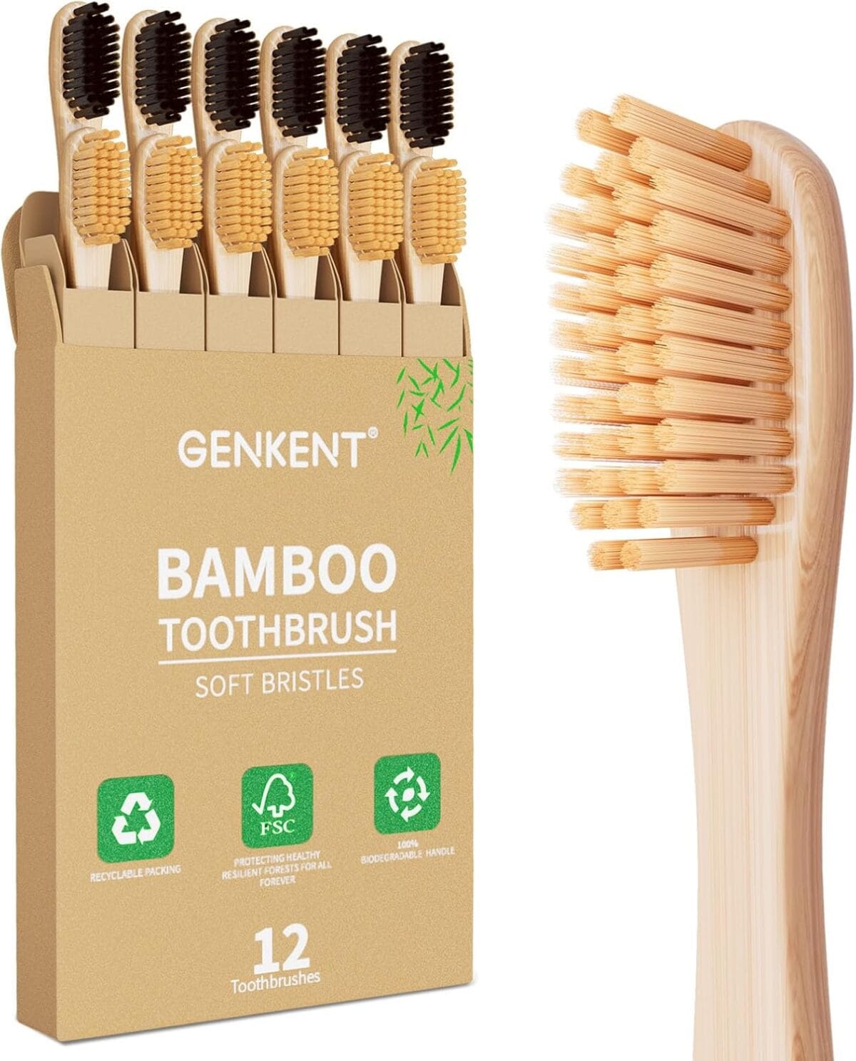 GENKENT 12 Counts Bamboo Toothbrushes BPA Free Soft Bristles Travel Toothbrush Natural Charcoal Toothbrush