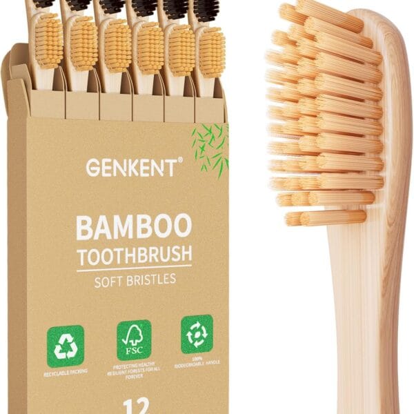 GENKENT 12 Counts Bamboo Toothbrushes BPA Free Soft Bristles Travel Toothbrush Natural Charcoal Toothbrush