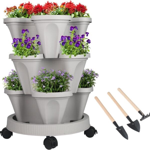 Vertical Planter 3 Tier Stackable Planters Garden Planters Strawberry Herb Flower and Vegetable Planter Indoor Outdoor Gardening Pots with Removable Wheels and Tools