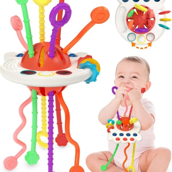 Yetonamr Baby Sensory Montessori Toys for 6-12-18 Months, Pull String Silicone Teething Toy, Toddler Birthday Gift Travel Toy for 1 2 Year Old Boy Girl Infant 8 9 10 Months Old