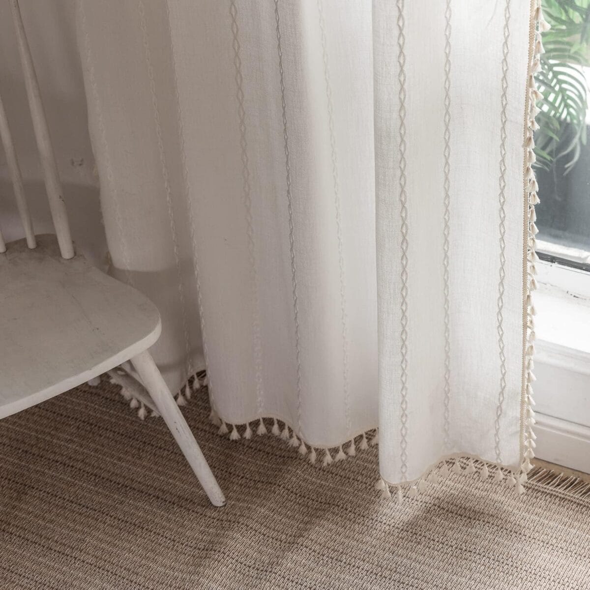 Boho Curtains Semi-Blackout 84 Inch 2 Panels for Living Room, Linen Tassels Farmhouse Curtains with Embroidery for Bedroom Rod Pocket Draperies 52" W x 84" L, Off White