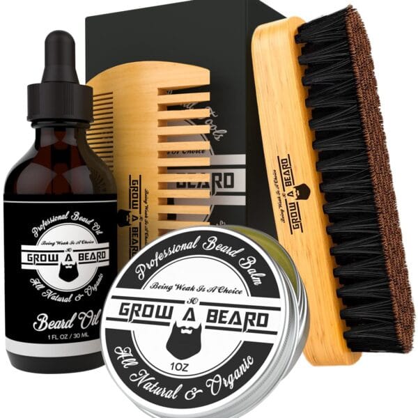 Beard Brush, Beard Comb, Beard Oil, & Beard Balm Grooming Kit for Men's Care, Travel Facial Hair Set for Growth, Styling, Shine & Softness, Great Gifts for Him