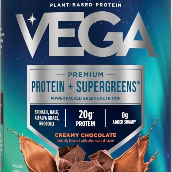 Vega Protein + Supergreens - 20g Plant-Based Protein, Chocolate, 25 Servings, Real Greens & Veggies, Vegan Keto, 0g Added Sugar, Non-GMO, Gluten Free, Dairy Free, 1.8lbs (Packaging May Vary)