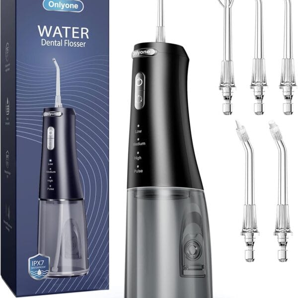 Onlyone Water Dental Flosser, 300ML Portable Oral Irrigator for Teeth, 4 Modes and 5 Jet Tips,Rechargeable Irrigation Cleaner,Electric Flossing Machine Power Flossers & Irrigator Accessories Black