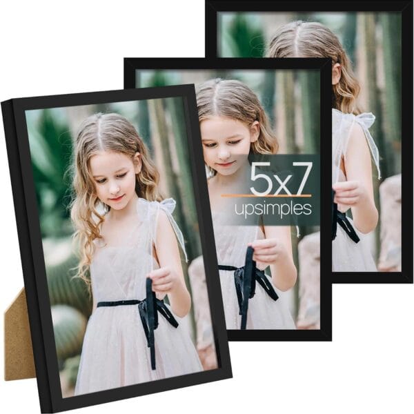 upsimples 5x7 Picture Frame Set of 3, Made of High Definition Glass for 5 x 7 Black Frames, Wall and Tabletop Display Thin Border Photo Frame for Home Dcor