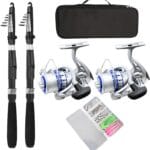 Fishing Pole Combo Set,2.1m/6.89ft 2PCS Collapsible Rods 2PCS Spinning Reels Lures Set Carrier Bag Carbon Fiber Telescopic Fishing Rods Sea Saltwater Freshwater Kit Fishing Rod Reel Combos