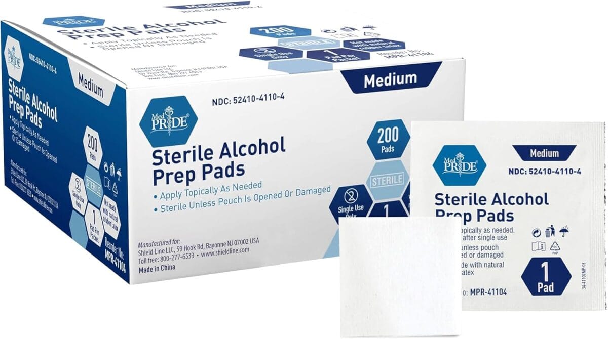 MED PRIDE 200 Sterile Prep Pads  Medical-Grade Antiseptic Sterile Alcohol Pads, Individually Wrapped, Medium Square, 2-Ply