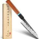 KAWAHIRO Japanese Utility Knife, 5 inch Handcrafted VG10 Stainless Steel Paring Knife, Professional Black Forged Multipurpose Kitchen Knives with Ergonomic Handle Grip and Gift Wood Box