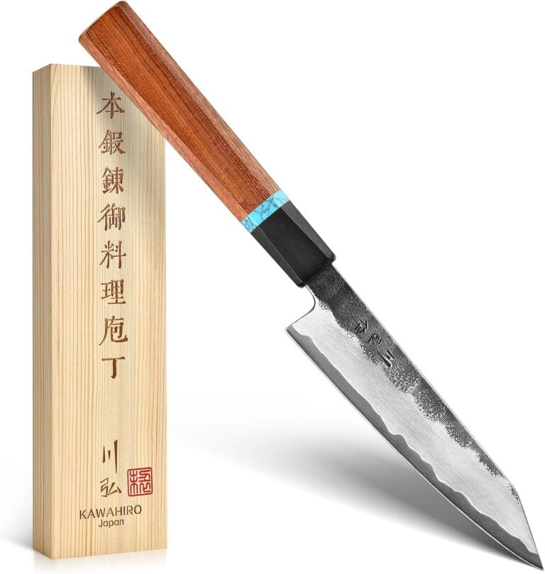 KAWAHIRO Japanese Utility Knife, 5 inch Handcrafted VG10 Stainless Steel Paring Knife, Professional Black Forged Multipurpose Kitchen Knives with Ergonomic Handle Grip and Gift Wood Box
