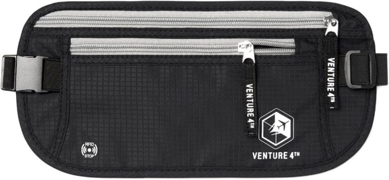 VENTURE 4TH Travel Money Belt - Slim Passport Holder RFID Blocking Travel Pouch to Protect Cash, Credit Cards and Travel Documents (Black)