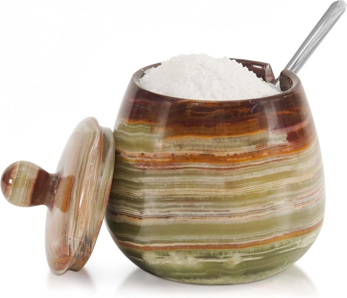 Marble Salt Cellar with Lid 3.5 Inch handmade Green Onyx Natural Stone Salt Jar for Kitchen, Herb & Spice Storage Container, Countertop Sugar Bowl, Elegant Marble Canister
