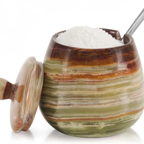 Marble Salt Cellar with Lid 3.5 Inch handmade Green Onyx Natural Stone Salt Jar for Kitchen, Herb & Spice Storage Container, Countertop Sugar Bowl, Elegant Marble Canister