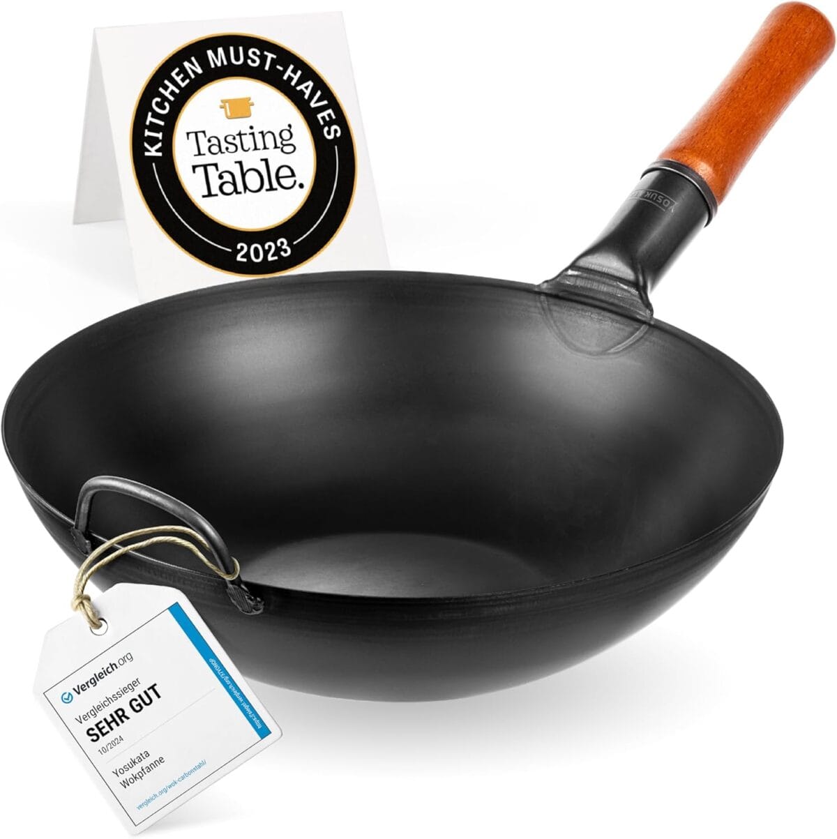 YOSUKATA 13.5" Carbon Steel Wok Pan  Pre-Seasoned Flat Bottom Pow Wok for Stir Fry, BBQ, Grill & Camping  Traditional Japanese Chinese Cookware  Compatible with Induction, Electric, Gas, Open Fire
