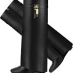 Fold Over Boots for Women Pointy Pull-on Wedge Heel Knee Shark Boot With Side Zipper Padlock Design