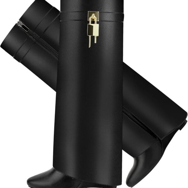 Fold Over Boots for Women Pointy Pull-on Wedge Heel Knee Shark Boot With Side Zipper Padlock Design