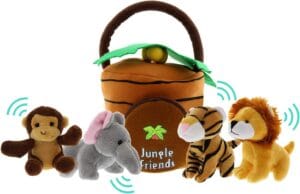 Jungle Animals Talking Plush Baby Toy  5 Piece Small Stuffed Animals Set Including Jungle House Carrier and Stuffed Monkey, Lion, Tiger & Elephant  These Mini Toys are Ideal for Boys and Girls