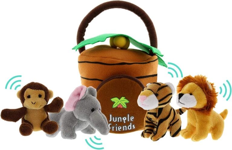 Jungle Animals Talking Plush Baby Toy  5 Piece Small Stuffed Animals Set Including Jungle House Carrier and Stuffed Monkey, Lion, Tiger & Elephant  These Mini Toys are Ideal for Boys and Girls