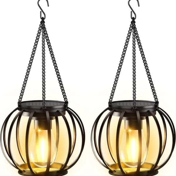 KOOPER Solar Lanterns Outdoor Waterproof, Upgraded Metal Hanging Solar Lights Outdoor Lanterns, Brighter Auto On/Off Outdoor Hanging Lantern for Yard Patio Pathway Porch Garden Decor 2 Pack