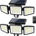 Tuffenough Solar Outdoor Lights 2500LM 210 LED Security Lights with Remote Control,3 Heads Motion Sensor Lights, IP65 Waterproof,270 Wide Angle Flood Wall Lights with 3 Modes(2 Packs)