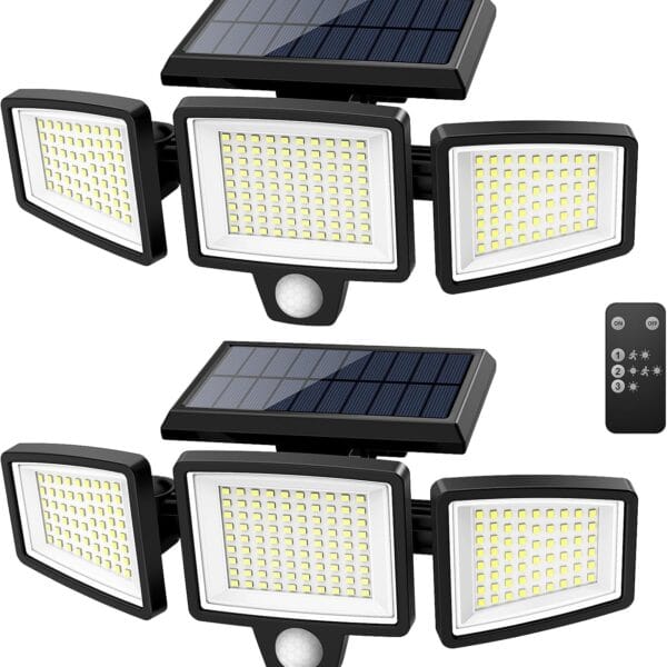 Tuffenough Solar Outdoor Lights 2500LM 210 LED Security Lights with Remote Control,3 Heads Motion Sensor Lights, IP65 Waterproof,270 Wide Angle Flood Wall Lights with 3 Modes(2 Packs)