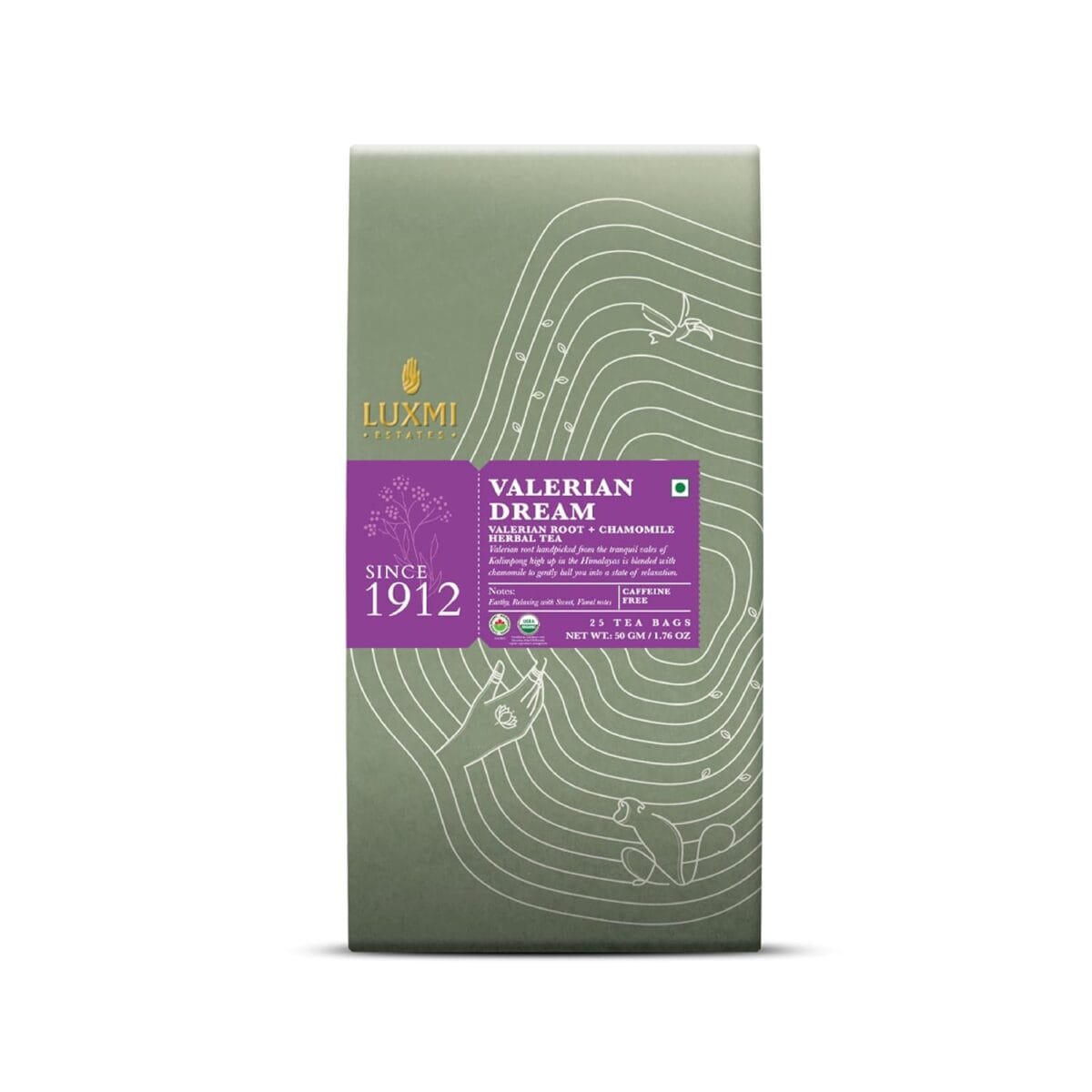 Luxmi Estates Valerian Dream Organic Valerian Root Tea (25 Tea Bags) Caffeine Free Tea Bags For Sleep, Relaxing, Calming, and Stress Relief, With Certified Organic Valerian Root Tea