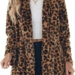 Omoone Women's Faux Fur Jackets Autumn Winter Leopard Coats Loose Fur Coat with Pockets