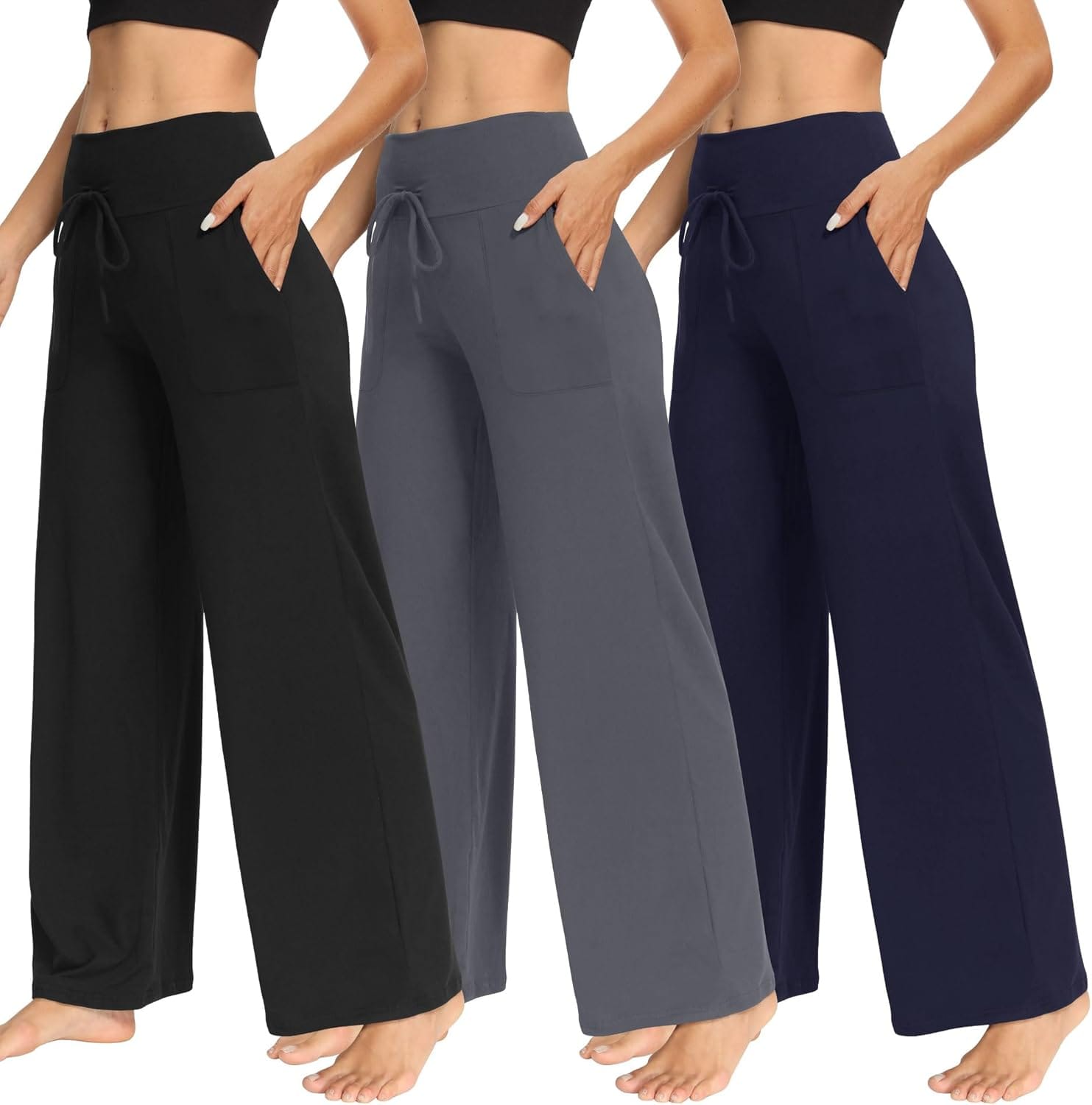 TNNZEET 3 Pack Women's Wide Leg Pants With Pockets Casual Loose Yoga Trouser Pants Sweatpants Palazzo Lounge Pajama Pants TNNZEET 3 Pack Women's Wide Leg Pants with Pockets - Casual Loose Yoga Trouser Pants Sweatpants Palazzo Lounge Pajama Pants