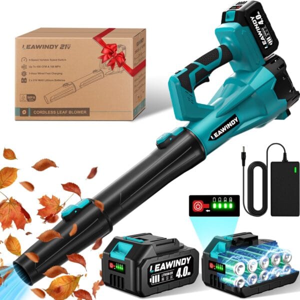 Leaf Blower Cordless, Electric Leaf Blower with 2 * 4.0Ah Batteries and Charger, 450 CFM/160 MPH Leaf Blowers & 6 Speed Levels, 21V Battery Lawn Blower for Patio Cleaning, Lawn Care, Blowing Leaves