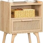 Lerliuo Rattan Nightstand, Boho Side Table with Drawer Open Shelf, Cane Accent Bedside End Table with Solid Wood Legs for Bedroom, Dorm and Small Spaces (Natural)
