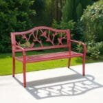 MFSTUDIO 50" Outdoor Red Garden Bench, Steel Metal Frame Patio Park Bench with Bird Pattern Backrest for Porch Backyard Lawn