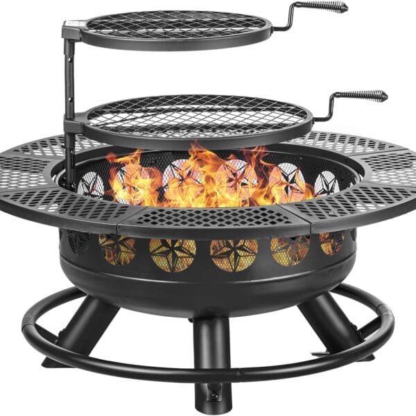 36 Inch Fire Pit with 2 Cooking Grills,Outdoor Wood Burning BBQ Firepit with Lid, 3-in-1 Outdoor Fire Pit for Backyard Deck Bonfire Patio Picnic