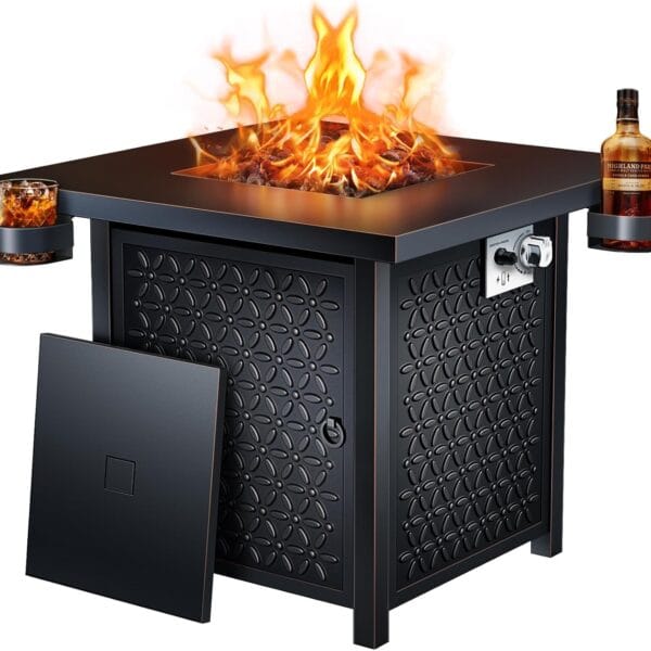 Ciays Propane Fire Pit, 28 inch Fire Pit Table with Two Cup Holders, 50,000 BTU Steel Gas Fire Pit with Pulse Ignition System, Perfect for Patio, Garden & Backyard Gatherings, CIFPT11B, Black