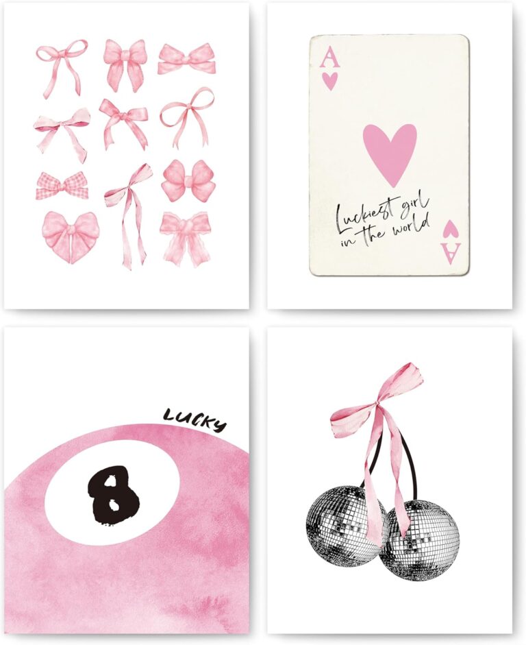 Pink Coquette Trendy Preppy Wall Art Prints Set of 4, Coquette Room Decor, Preppy Room Decor Aesthetic, Pink Bow Disco 8 Ball Cherry Wall Decor Posters for Girls Bedroom Dorm, 8x10 Unframed