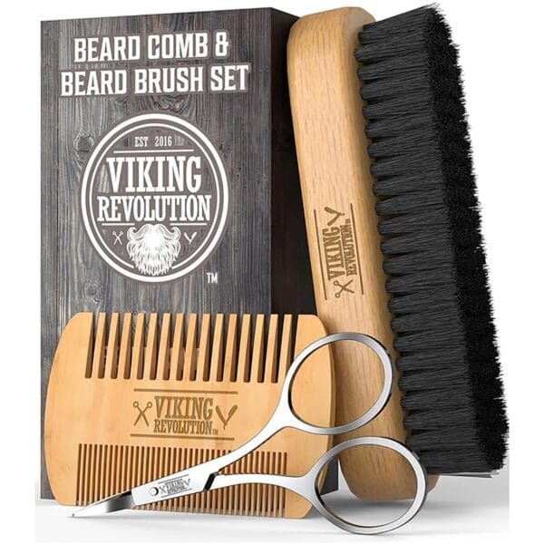 Viking Revolution Beard Comb & Beard Brush Set for Men -- Natural Boar Bristle Brush and Dual Action Pear Wood Comb w/Velvet Travel Pouch - Great for Grooming Beards and Mustaches