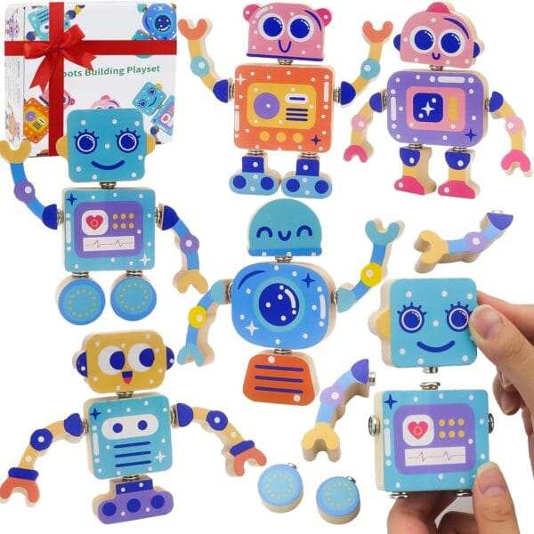Robots Wooden Snap-Together Building Toys 28-Piece STEM Montessori Educational Blocks for Toddlers Ages 36 | Fine Motor Skills Development | Safe, Durable, Creative Robot Toys Gift for Kids