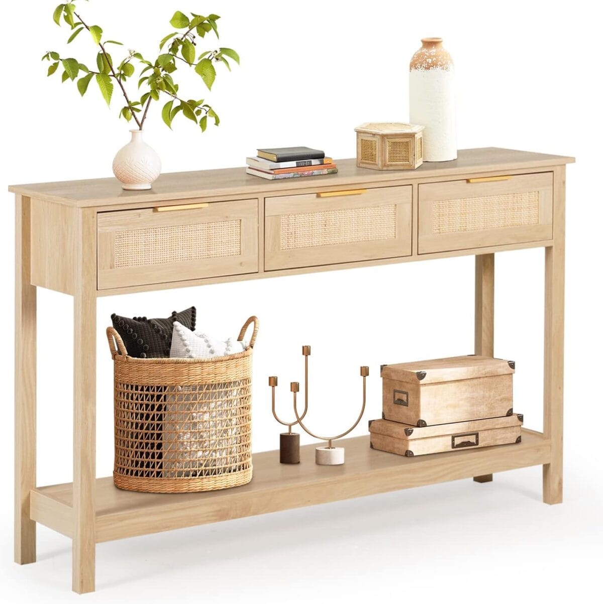 LAZZO Rattan Console Table Boho Entryway Table Narrow Long Sofa Table Hallway Foyer Behind Couch Table with 3 Drawers and Open Storage Shelf for Living Room and Corridor Natural Wood