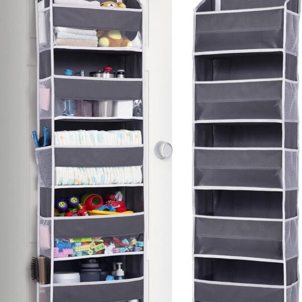 ULG 1 Pack Over Door Organizer with 5 Large Pockets 10 Mesh Side Pockets, 44 lbs Weight Capacity Hanging Storage Organizer with Clear Window Kids Toys, Shoes, Diapers, Dark Grey, 5 Layers
