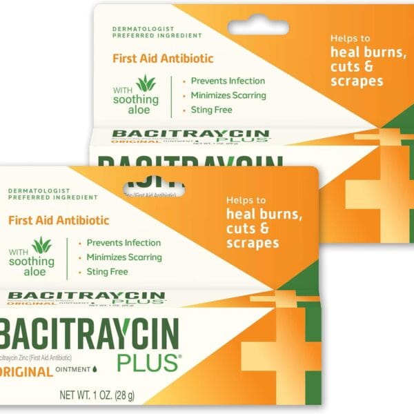 First Aid Antibiotic Wound Healing Ointment for Minor Cuts, Scrapes and Burns, with Bacitracin Zinc and Moisturizing Aloe Vera, Original, 1 oz, 2 Pack