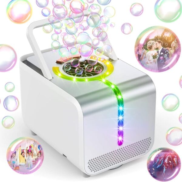 Bubble Machine - Durable Automatic Bubble Blower with LED Lights, Waterproof Motor Over 20,000 Bubbles/Minute, Perfect for Kids' Parties Indoor & Outdoor Fun - Plugin or Battery Powered - Sleek Silver