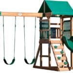Backyard Discovery Buckley Hill Cedar Wood Swing Set with Wave Slide, Play Deck, Rock Wall Ladder, Belt Swings, Chalkboard, Canopy Roof, Outdoor Playset