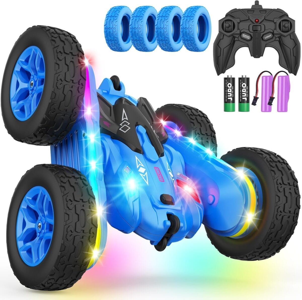 Remote Control Car, Rc Cars Stunt Kids Toys New Upgraded Strip Lights and Headlights Double-Sided 360 Rotating 4WD Drift Truck for Boys Girls Birthday Gift (Blue)